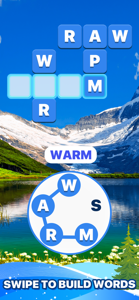 Word Crossy - A Crossword game - Gameplay de Word Crossy mostrando letras que se conectan para formar palabras sobre un tranquilo fondo de lago de montaña.