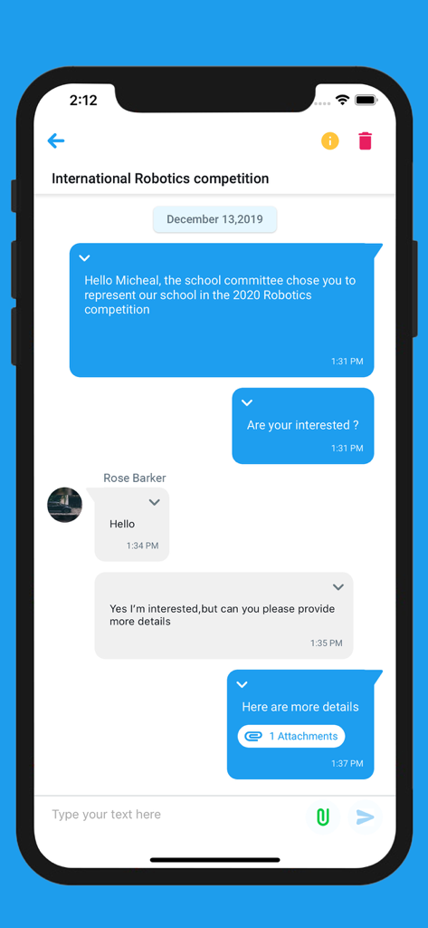eSchool Connect - Interface of the eSchool Connect app showing a direct messaging conversation between a teacher and a student about a school robotics competition