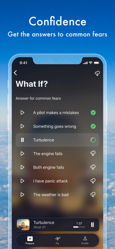 Écran de l'application Flight Buddy montrant la section "Et si ?" avec des réponses aux questions courantes sur l'anxiété liée au vol, telles que les turbulences et les pannes de moteur.