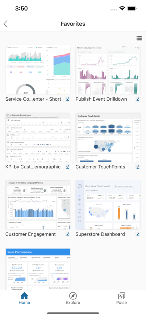 Tableau Mobile - Tableau Mobile app favorites screen showing multiple business data dashboards