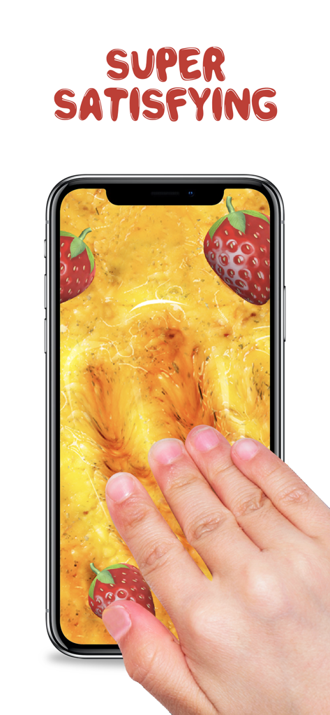 A hand touching yellow strawberry slime on a phone screen