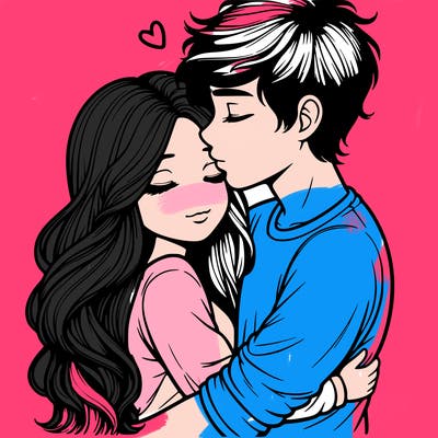 a realistic couple boy and girl hugging and kissing