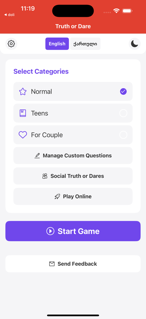 Truth or Dare Play Online - Écran du menu de l'application Vérité ou Conséquence montrant la sélection des catégories de jeu, y compris les modes Normal Adolescents et Couples.
