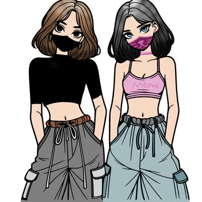 two girls with crop top with baggy pants