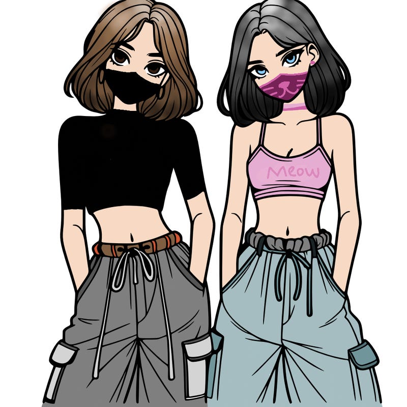 two girls with crop top with baggy pants