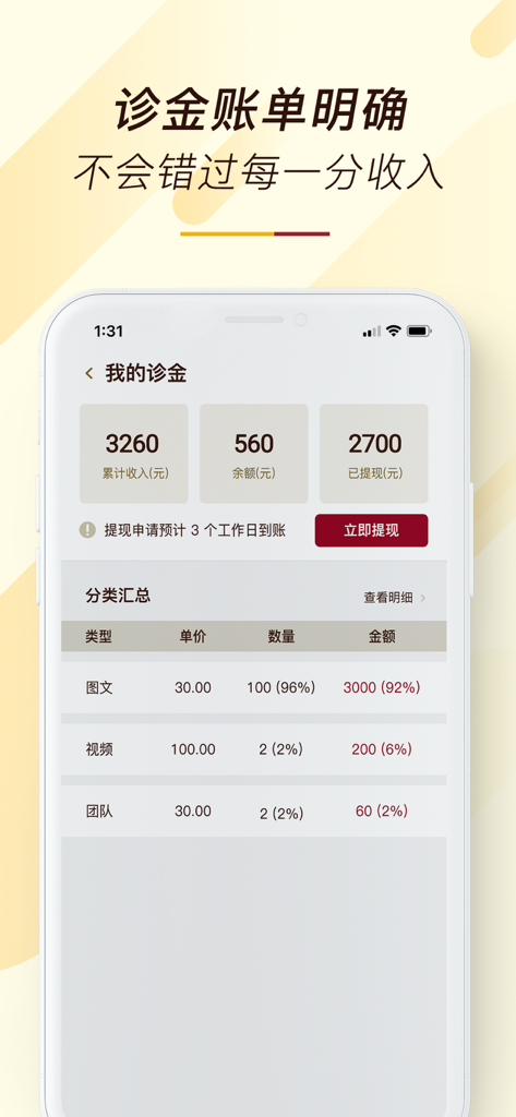 天大馆医生端 - Earnings and consultation fee management screen for doctors in the Tiandaguan app.