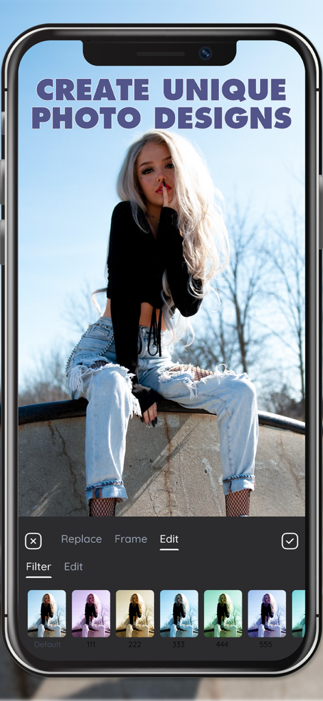 さまざまな写真フィルターと「ユニークな写真デザインを作成」という見出しが表示されたモバイルアプリインターフェース。