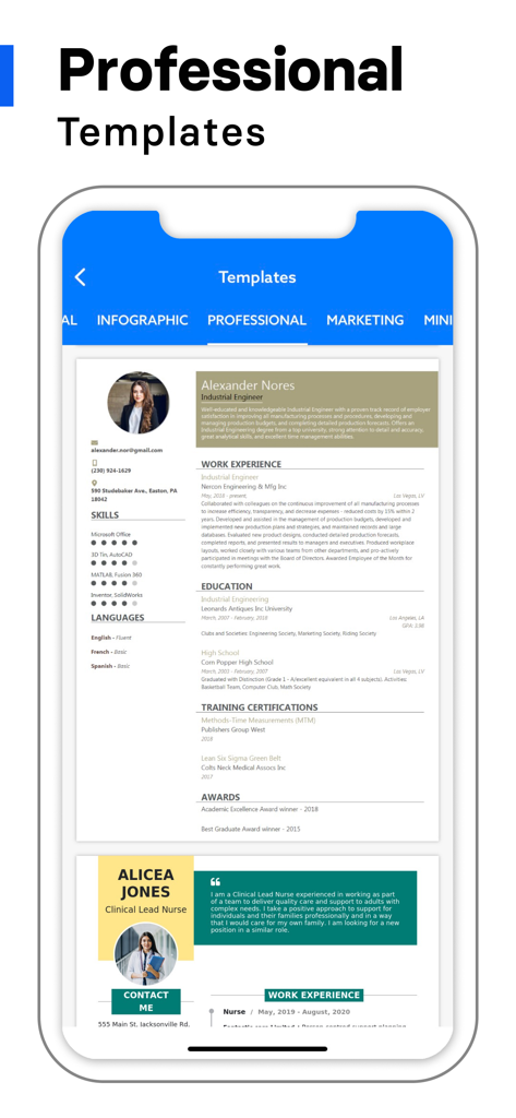 A mobile screen showing professional resume templates in the AI Resume Creator app
