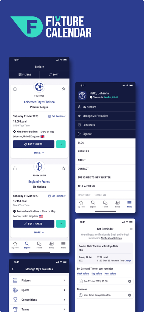 Fixture Calendar app screens showing sports match schedules and ticketing links