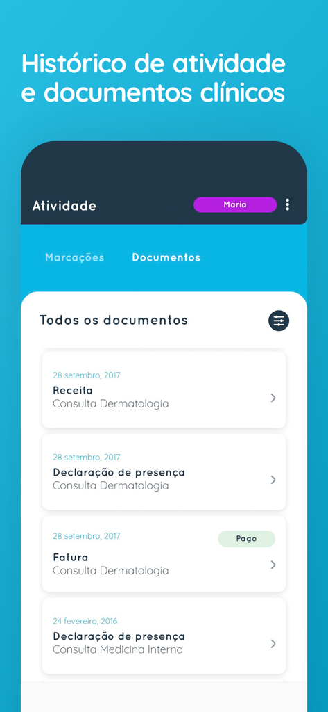 My CUFアプリのインターフェース。領収書や請求書を含む患者の臨床文書のリストが表示されます。