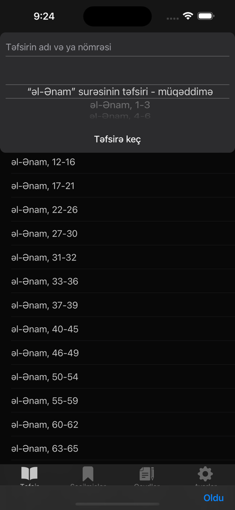 Quran Təfsiri - İbn Kəsir - 알-아남 수라의 구절 목록을 보여주는 꾸란 타프시리 이븐 케시르 앱의 인터페이스