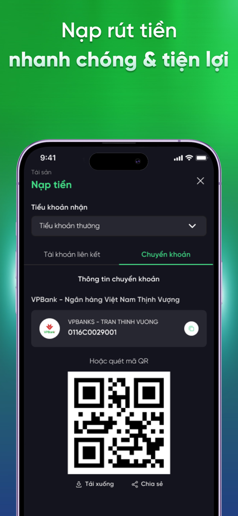 VPBank NEO Invest app deposit screen featuring a QR code for fast money transfers