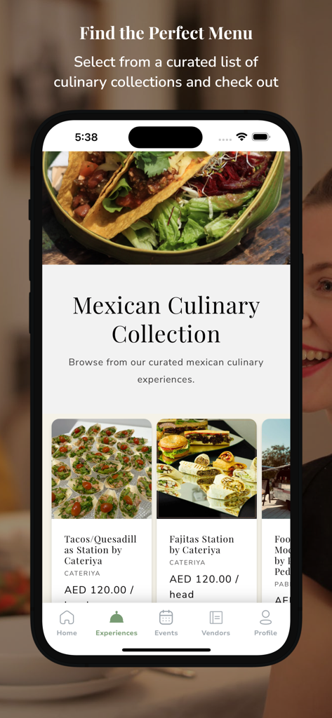 YouCater - Event Catering - Smartphone screen showing the YouCater app displaying a curated Mexican culinary catering collection with food station options.