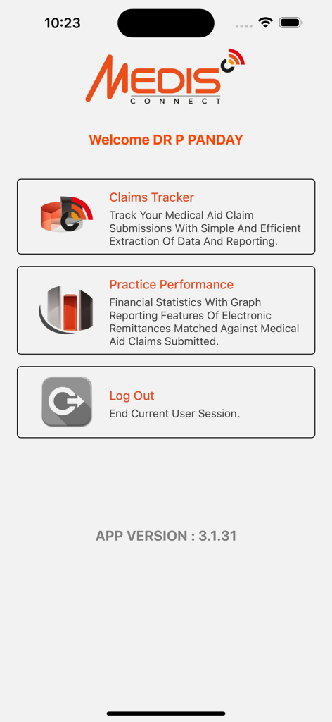 MedisConnect - Main menu of the MedisConnect app showing options for Claims Tracker and Practice Performance