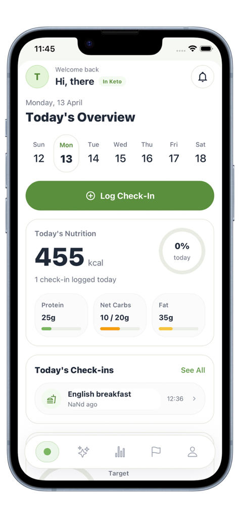 KetoGo | Diet - KetoGo app dashboard showing daily calorie intake and macronutrient tracking