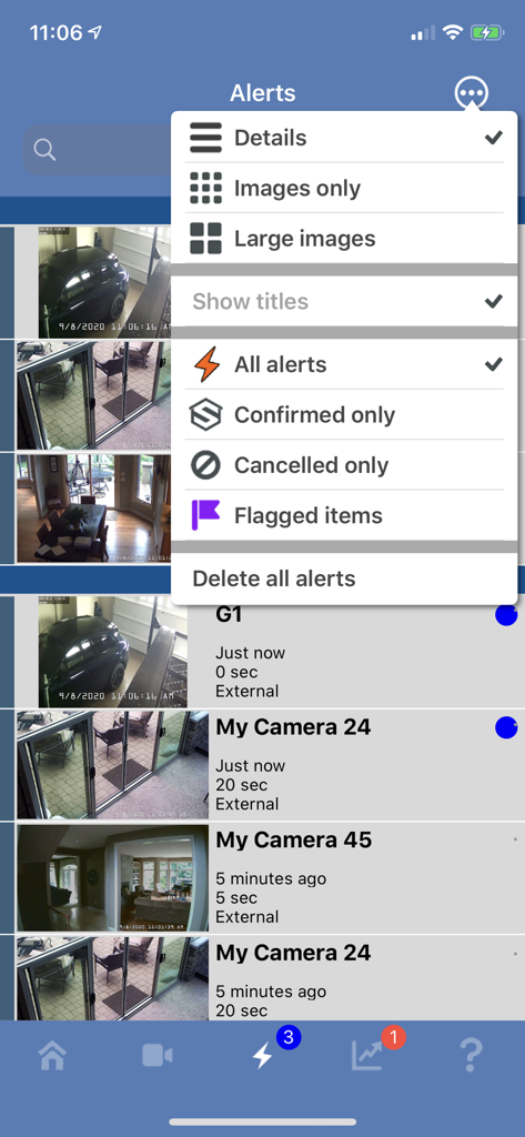 Blue Iris mobile app alerts screen with camera notification list and filtering options menu open