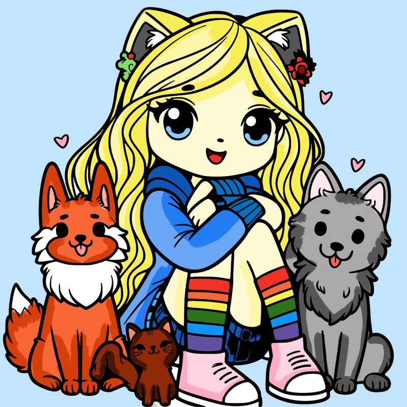 girl with wolf ears and tail curled around her with 2 dogs sitting next to her and a cat on her lap