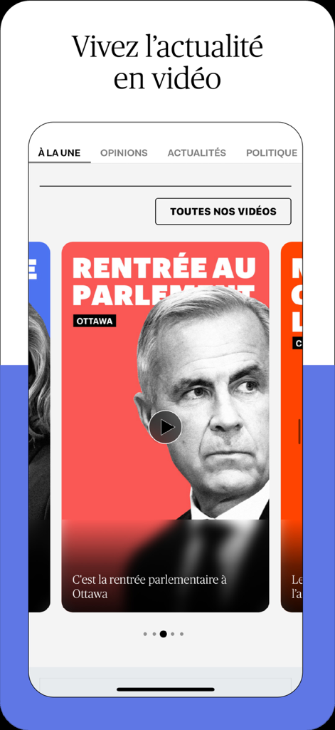 Le Devoir Mobile app showing news video content about the parliamentary session in Ottawa