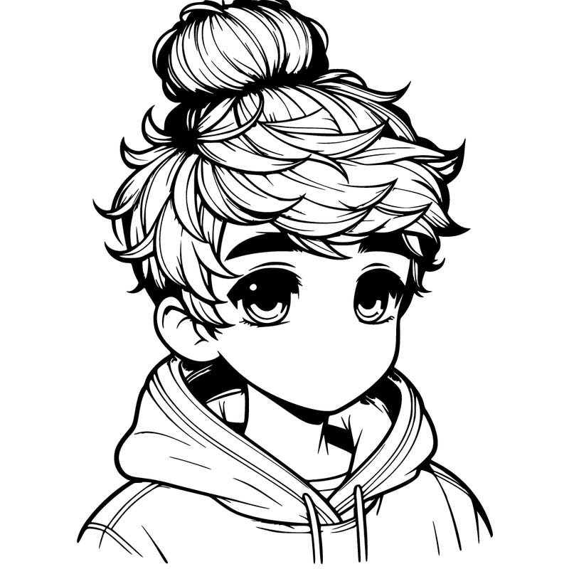 realistic boy with a fluffy bun with a hoodie