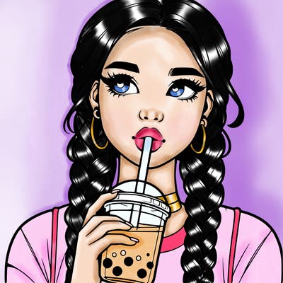 realistic girl with braided hair drinking boba