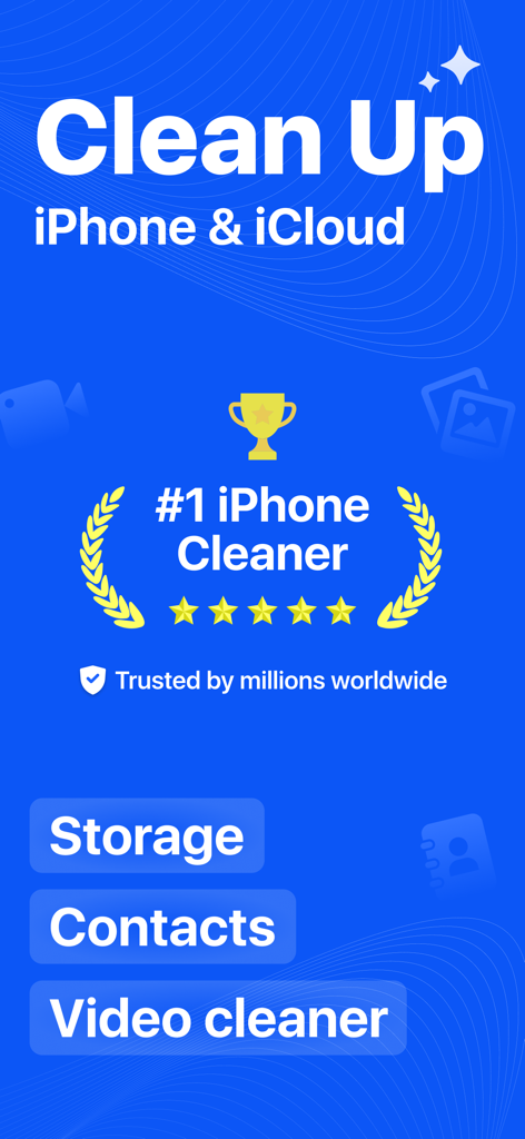 Pantalla promocional de la aplicación Duster que muestra herramientas de limpieza de iPhone e iCloud para almacenamiento, contactos y videos