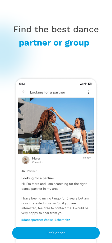 Una schermata mobile dall'app Danceflavors che mostra un post di un utente in cerca di un partner di ballo salsa.