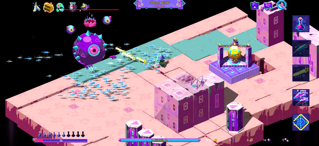 Neon Spellstorm - Un mago luchando contra un jefe gigante con forma de ojo púrpura en el juego roguelite de acción Neon Spellstorm.