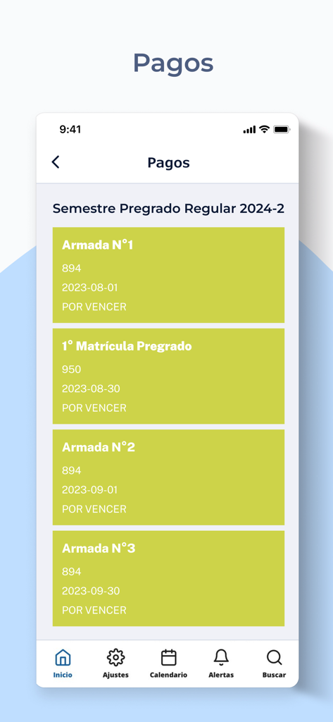 Científica Móvil - Interfaz de la aplicación Científica Móvil que muestra la sección de pagos con cuotas de matrícula universitaria y fechas de vencimiento