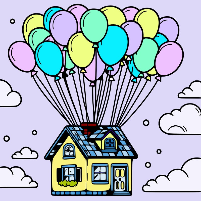 house floating from lots of balloons