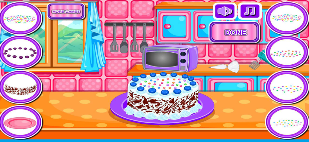 Baking black forest cake games - A decorated cake with colorful sprinkles in a virtual kitchen environment
