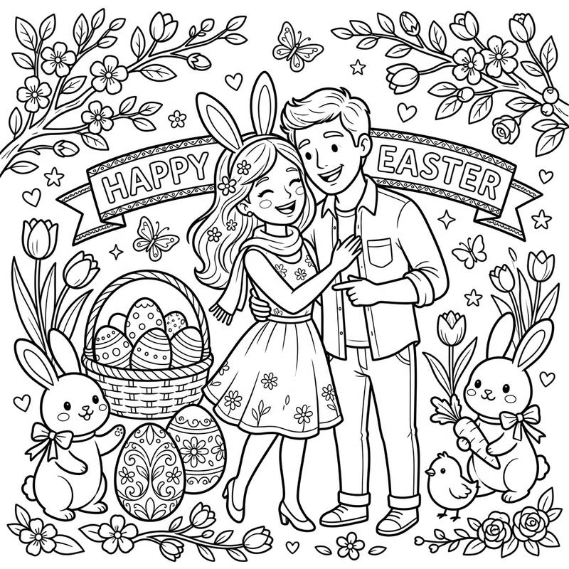 Embrace the festive spirit of Easter with this delightful coloring page featuring a loving engaged couple. It's the perfect way to add your personal touch to a beautiful springtime celebration, complete with charming bunnies and decorated eggs.