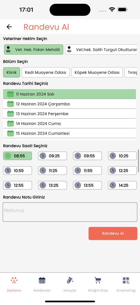 A mobile app screen for scheduling a pet appointment with a veterinarian.