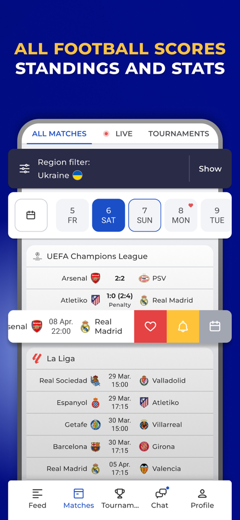Uma interface de aplicativo móvel mostrando placares de partidas de futebol, classificações e estatísticas.
