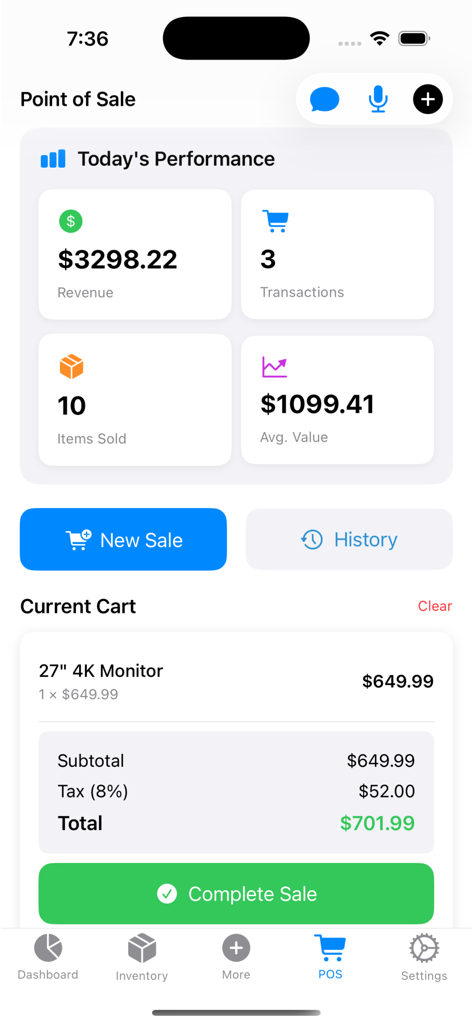 Inventory & Sales Manager - Inventory Pro app Point of Sale dashboard with daily revenue metrics and item checkout cart