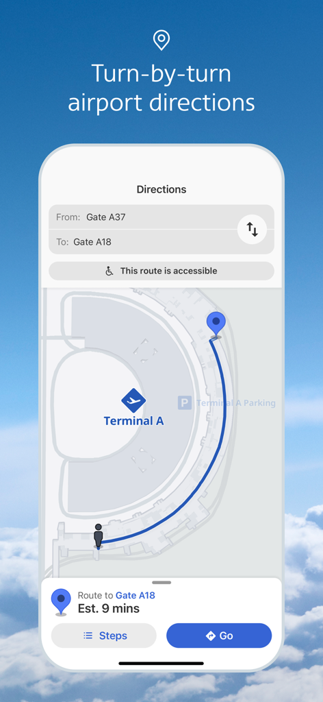A mobile app interface showing turn by turn airport directions and a map for Terminal A.