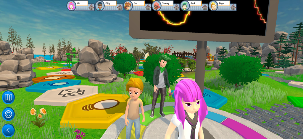 entreREDes - 3D avatars standing on a colorful hexagon board game in the entreREDes educational app