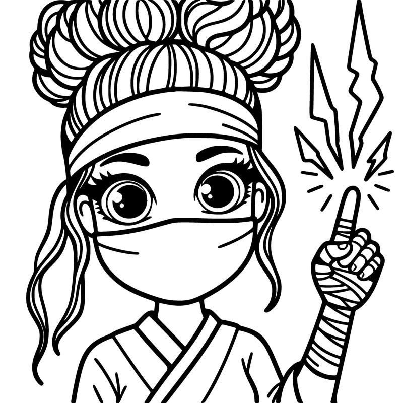 ninja woman with curly hair buns and lighting above her hand