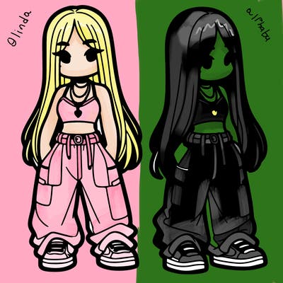 girl in baggy pants crop top and long hair