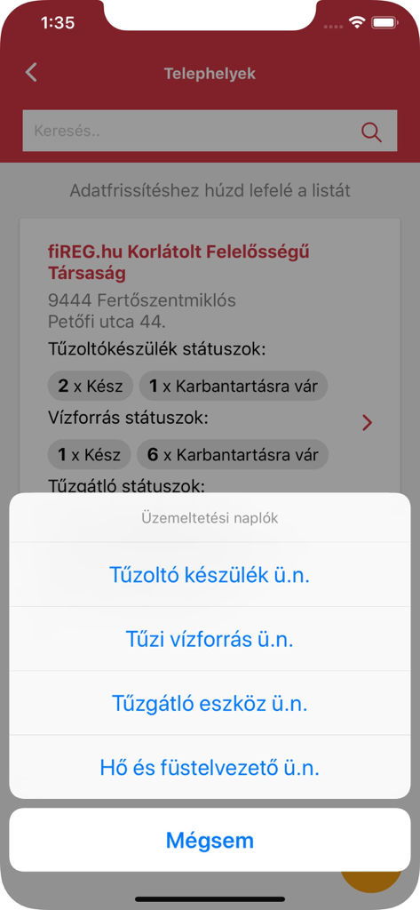 Interface of the fiREG app showing an overlay menu to select fire safety inspection logs for fire extinguishers and water sources.