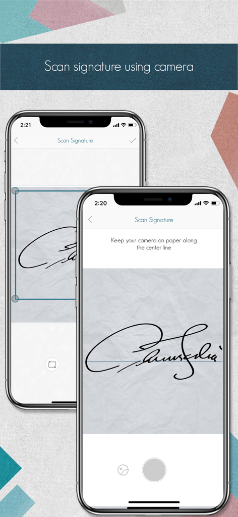 Autograph+ (Lite Version) - A mobile phone scanning a handwritten signature from paper using the Autograph plus app camera feature.