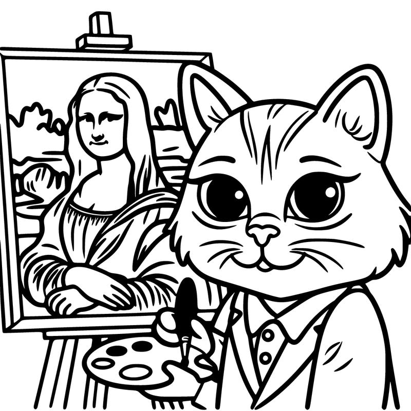 cat with paintbrush drawing the mona lisa