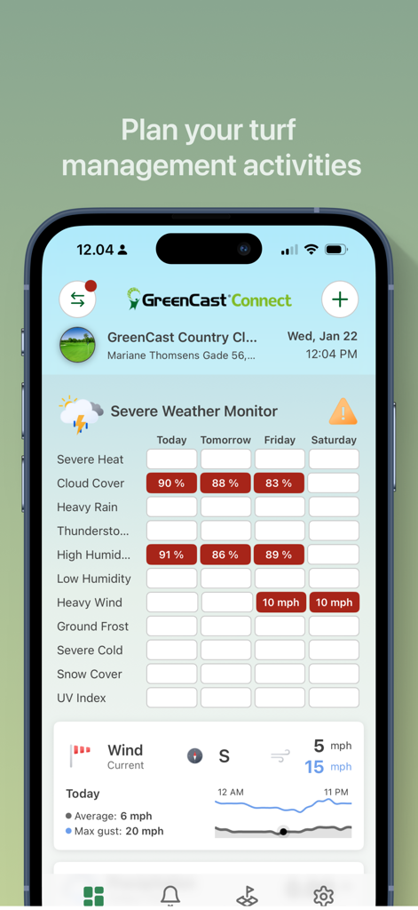 GreenCast Connect by Syngenta - GreenCast Connect App Unwetter-Überwachungs-Dashboard mit Daten zu Bewölkung, Luftfeuchtigkeit und Windgeschwindigkeit für die professionelle Rasenpflege