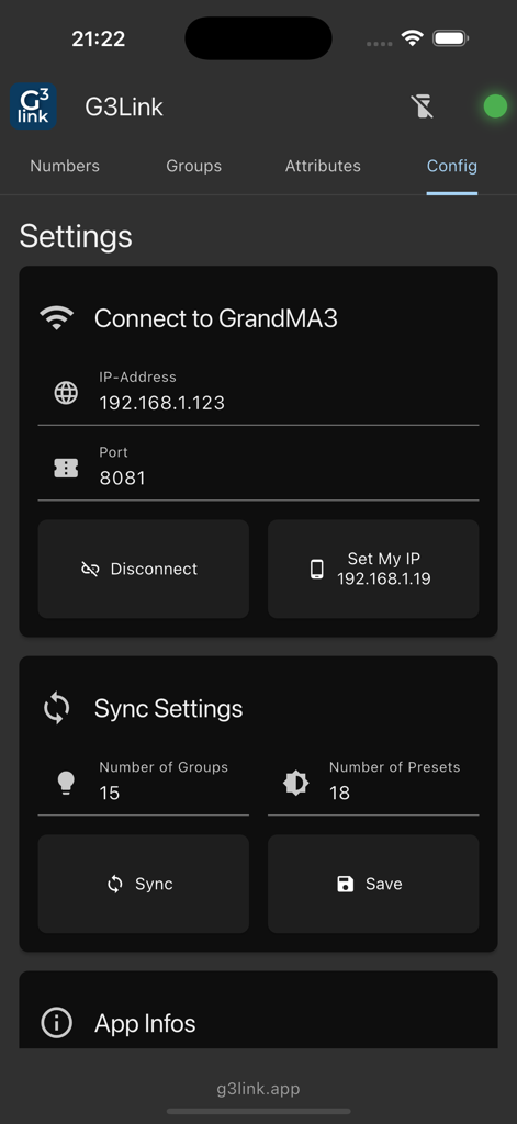grandMA3 Remote (G3Link) - G3Link grandMA3 리모트 앱의 네트워크 구성 및 동기화 설정 화면.