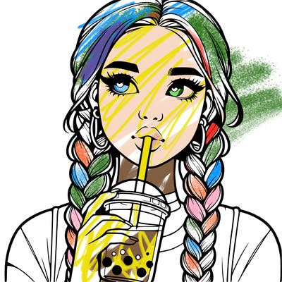 realistic girl with braided hair drinking boba