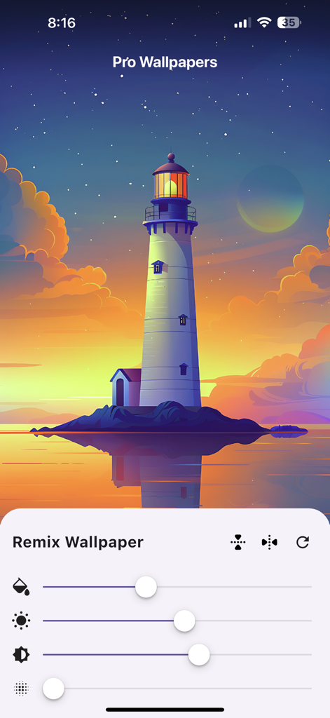 이미지 사용자 정의를 위한 조정 슬라이더가 특징인 Walley 앱의 리믹스 편집기 내 스타일화된 등대 배경화면.
