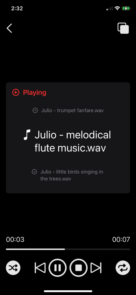 Media Player Plus - Media Player Plus interface showing the playback of a wav audio file with simple controls and dark theme