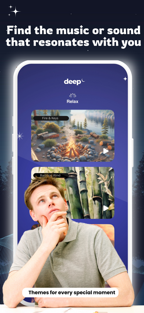 Deep - Sleep Sounds & Relax - Una persona navegando por temas de sonido relajantes en la interfaz de la aplicación de sueño Deep.