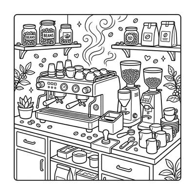 Get ready to create your own colorful coffee shop masterpiece with this exciting coloring page! Kids will love bringing to life a busy espresso machine and all the cool tools of a barista.