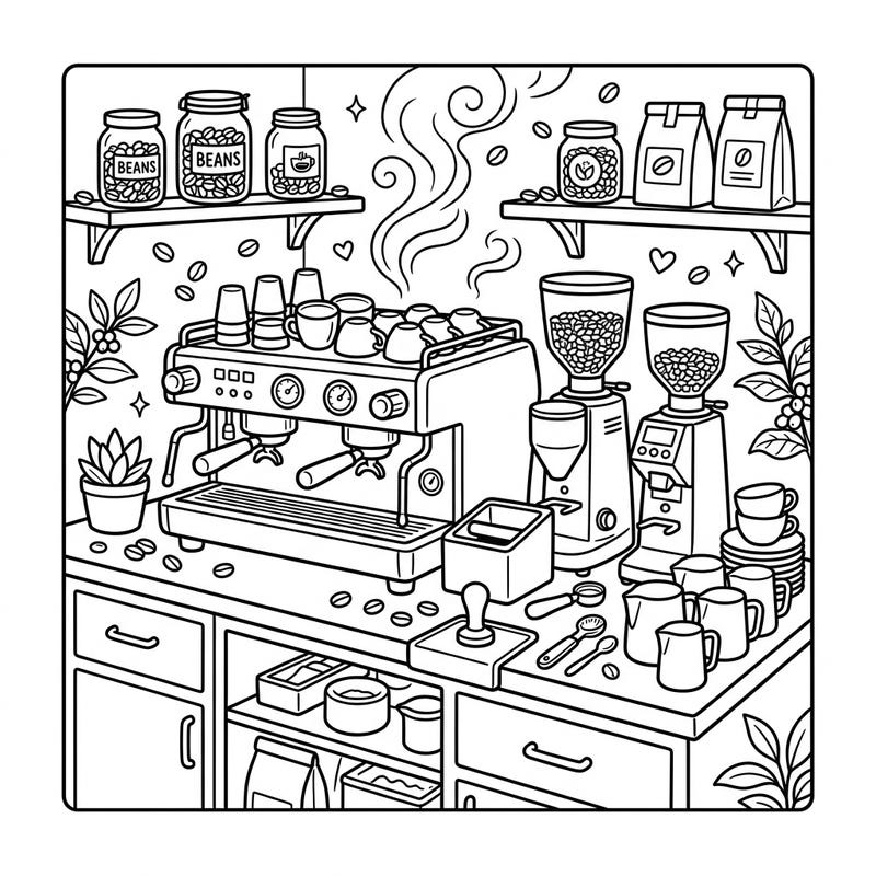 Get ready to create your own colorful coffee shop masterpiece with this exciting coloring page! Kids will love bringing to life a busy espresso machine and all the cool tools of a barista.