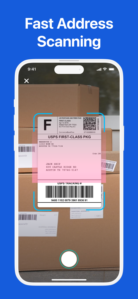 enRoute Delivery Route Planner - Smartphone screen demonstrating the fast address scanning feature on a shipping label